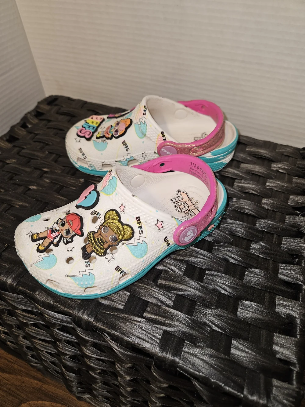 CROCS Kids White Clog Sandals with Pink Straps and Teal Trim - BFFs Characters